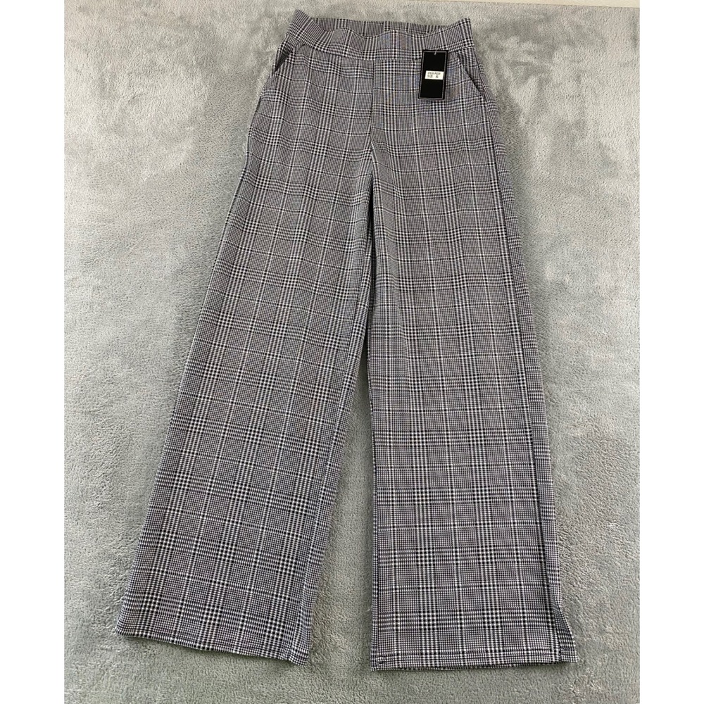 C-Mode Womens Wide Leg Plaid Trousers Black White High Waist Career Pants Small